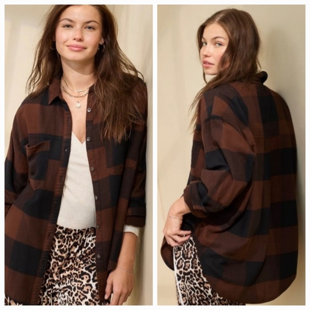 Aerie Women's Anytime Fave Flannel Shirt Brown/Blk Plaid Sz S/P Oversized *flaw
